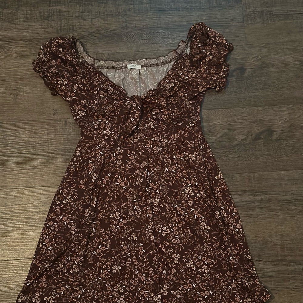 Floral Brown Dress with Puff Sleeves